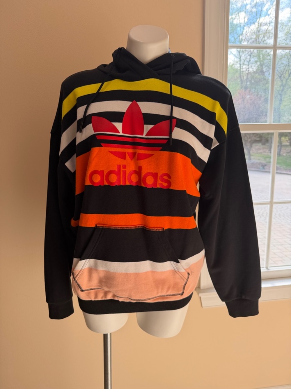 adidas Black Hoodie with Red Trefoil & Yellow, Orange, Pink Stripes